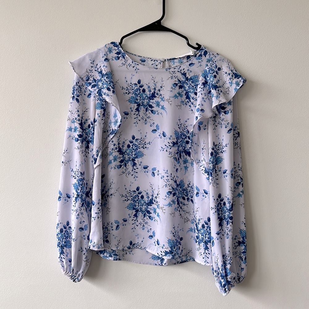 LUSH white and blue floral blouse